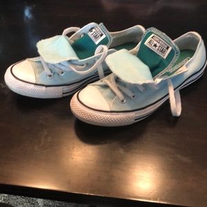 Light blue low top converse double tongue